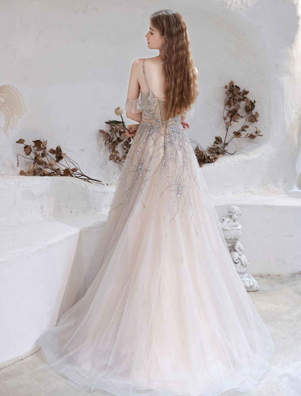 Amazing Evening Dress Nude Color A Line Bateau Neck With Train Sleeveless Zipper Formal Party Dresses Pageant Dress - Image 4