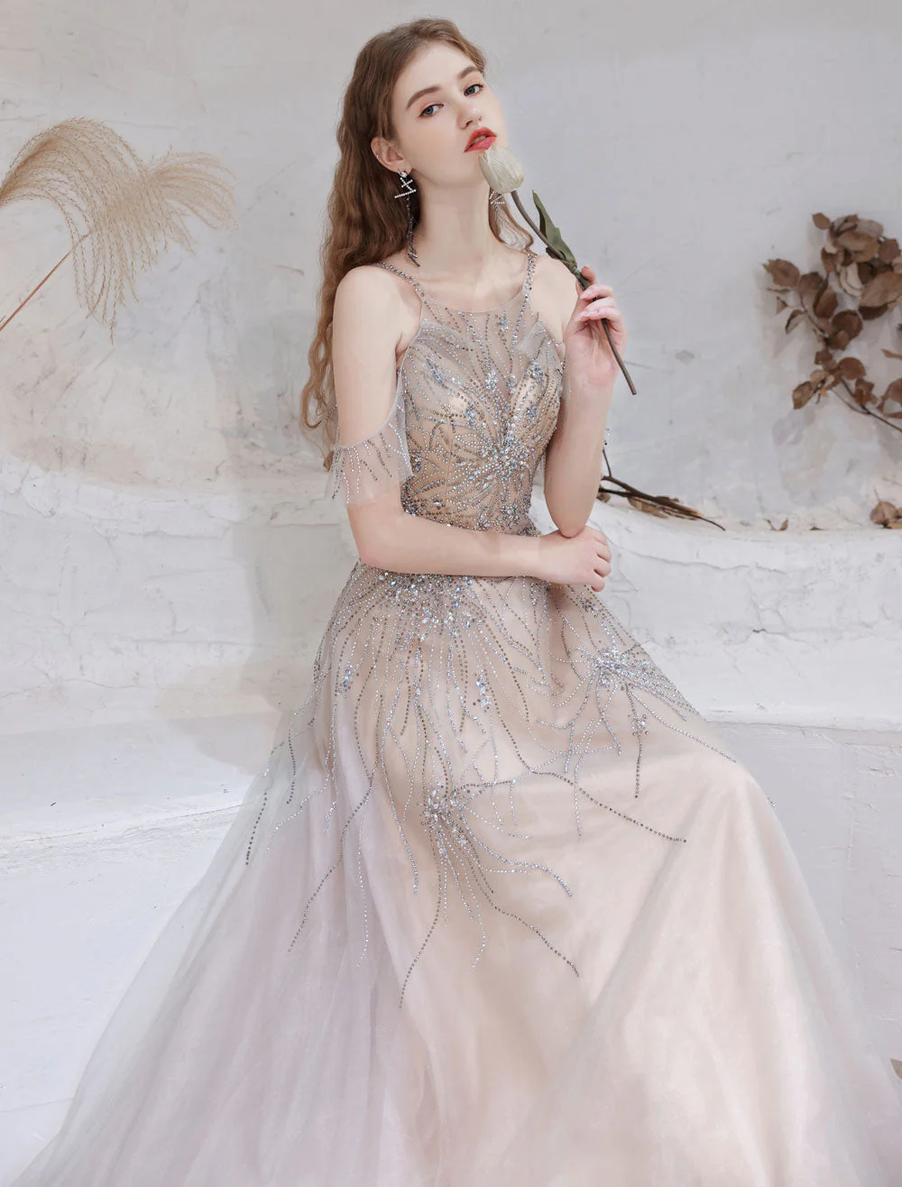 Amazing Evening Dress Nude Color A Line Bateau Neck With Train Sleeveless Zipper Formal Party Dresses Pageant Dress - Image 7