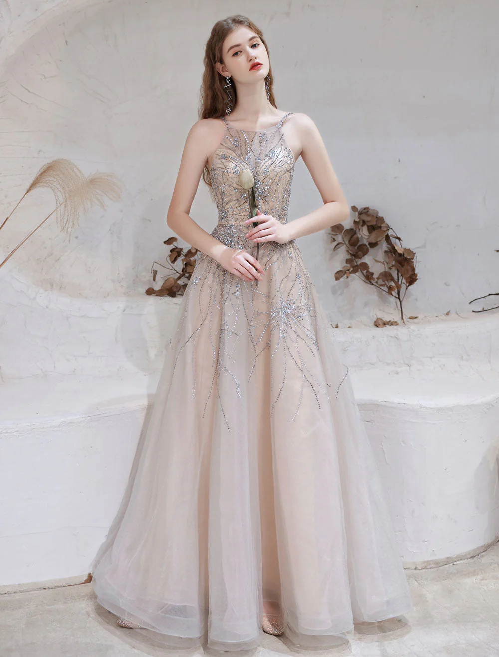 Amazing Evening Dress Nude Color A Line Bateau Neck With Train Sleeveless Zipper Formal Party Dresses Pageant Dress - Image 8
