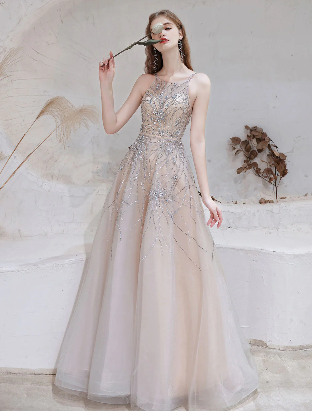Amazing Evening Dress Nude Color A Line Bateau Neck With Train Sleeveless Zipper Formal Party Dresses Pageant Dress - Image 9