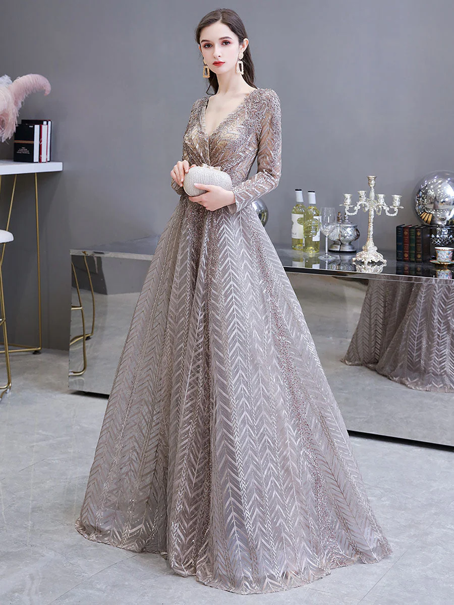 Gorgeous Evening Dress Princess Silhouette V Neck Long Sleeve Lace Sequins Floor Length Social Party Dresses - Image 2