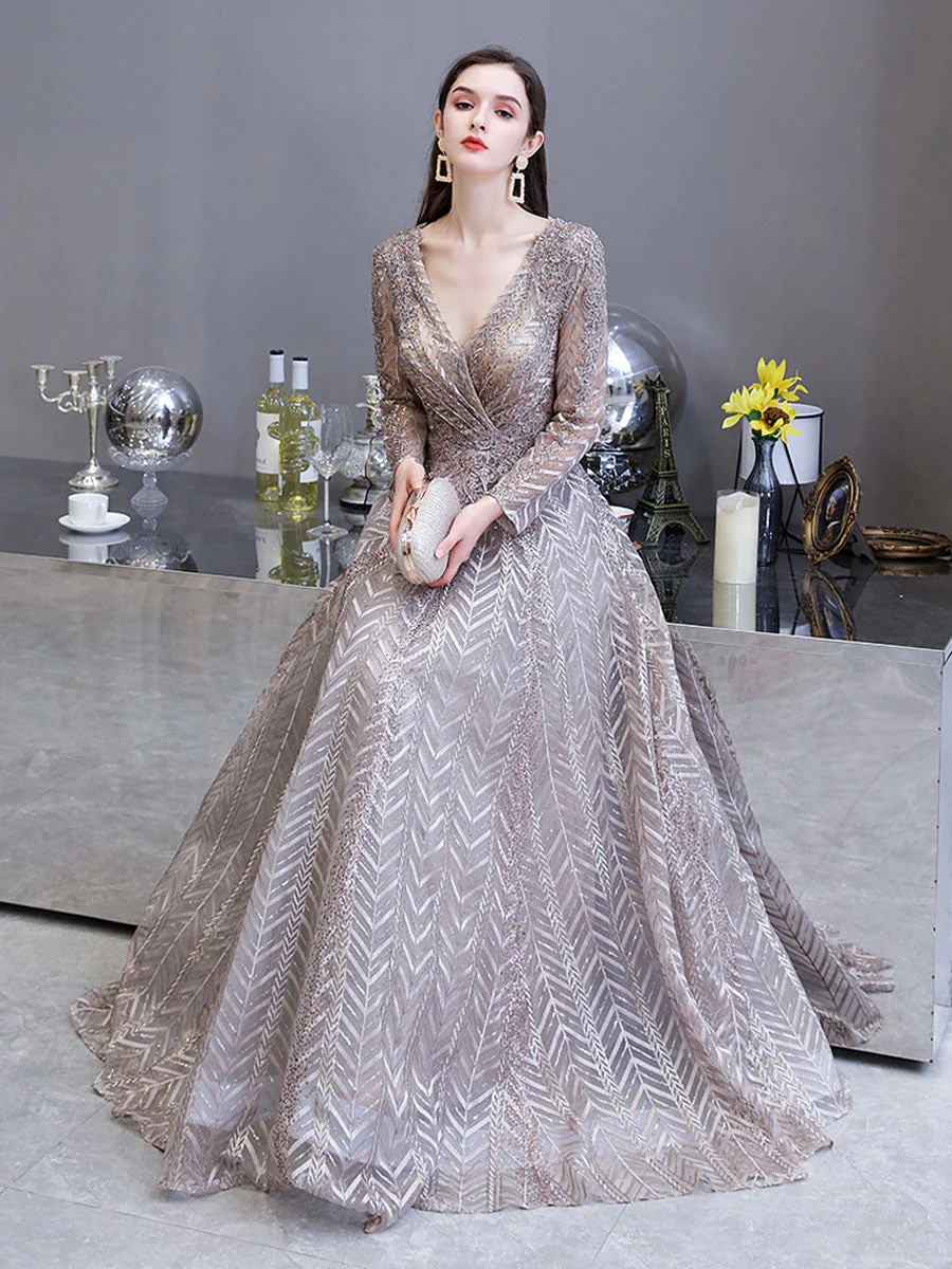 Gorgeous Evening Dress Princess Silhouette V Neck Long Sleeve Lace Sequins Floor Length Social Party Dresses - Image 3