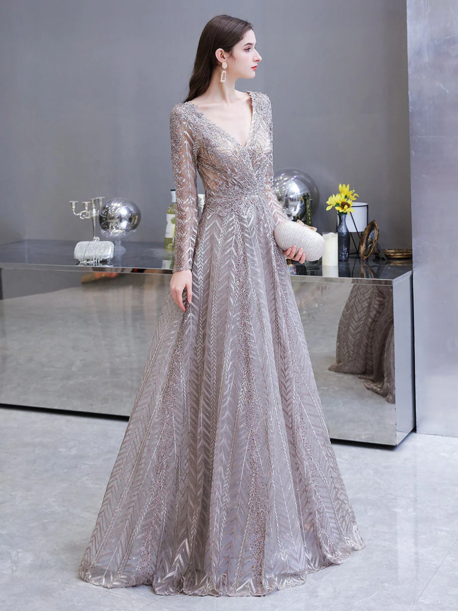 Gorgeous Evening Dress Princess Silhouette V Neck Long Sleeve Lace Sequins Floor Length Social Party Dresses - Image 4