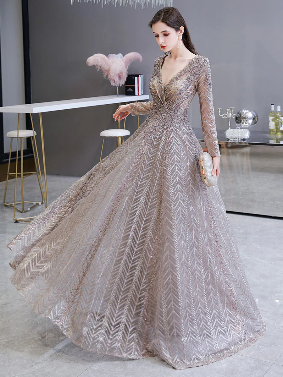 Gorgeous Evening Dress Princess Silhouette V Neck Long Sleeve Lace Sequins Floor Length Social Party Dresses - Image 5