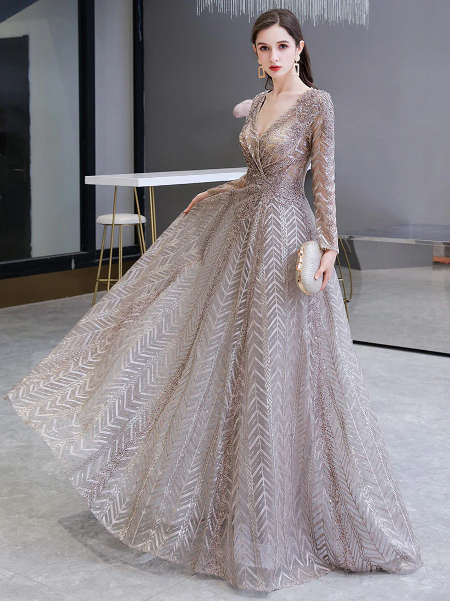 Gorgeous Evening Dress Princess Silhouette V Neck Long Sleeve Lace Sequins Floor Length Social Party Dresses - Image 6