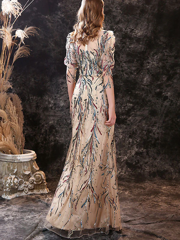 Modern Evening Dress Sheath Jewel Neck Lace Floor-Length Lace Formal Party Dresses - Image 3