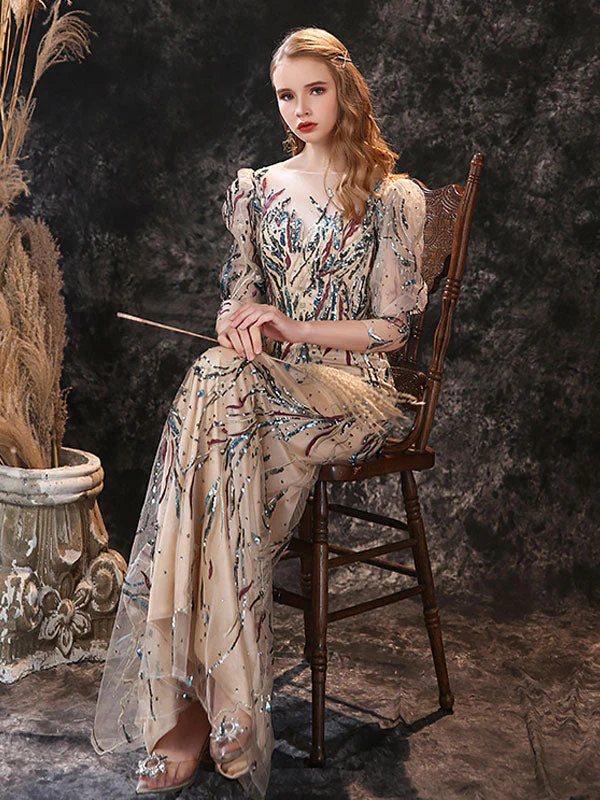 Modern Evening Dress Sheath Jewel Neck Lace Floor-Length Lace Formal Party Dresses - Image 4