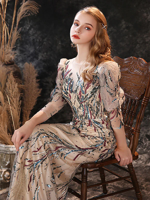 Modern Evening Dress Sheath Jewel Neck Lace Floor-Length Lace Formal Party Dresses - Image 5