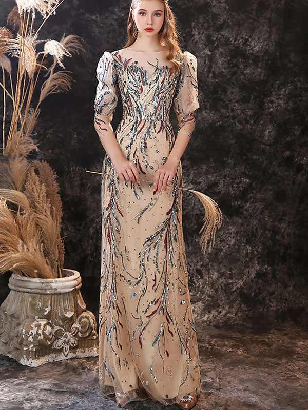Modern Evening Dress Sheath Jewel Neck Lace Floor-Length Lace Formal Party Dresses - Image 6