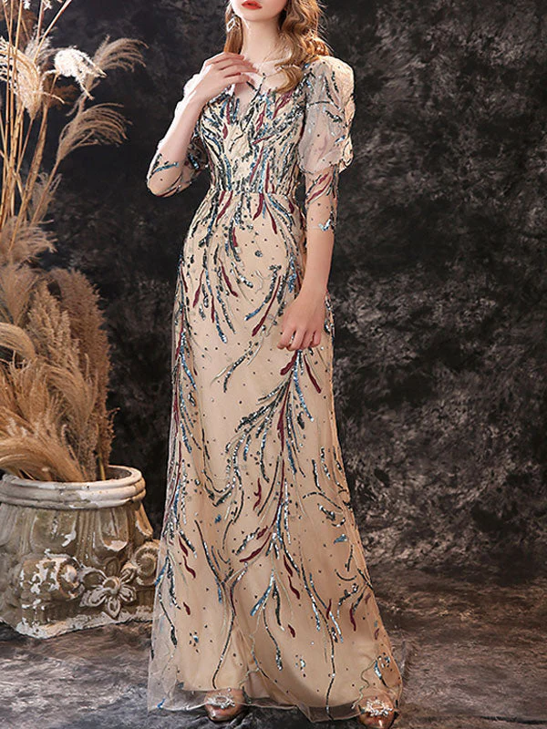 Modern Evening Dress Sheath Jewel Neck Lace Floor-Length Lace Formal Party Dresses - Image 8