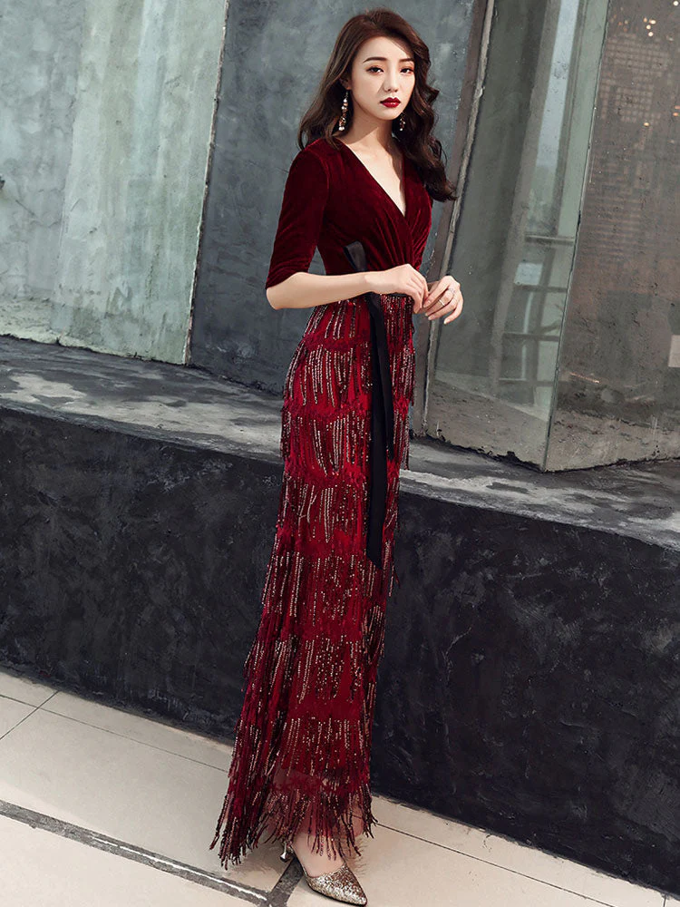 Amazing Evening Dress Sheath V Neck Velour Floor Length Sash Social Party Dresses - Image 2