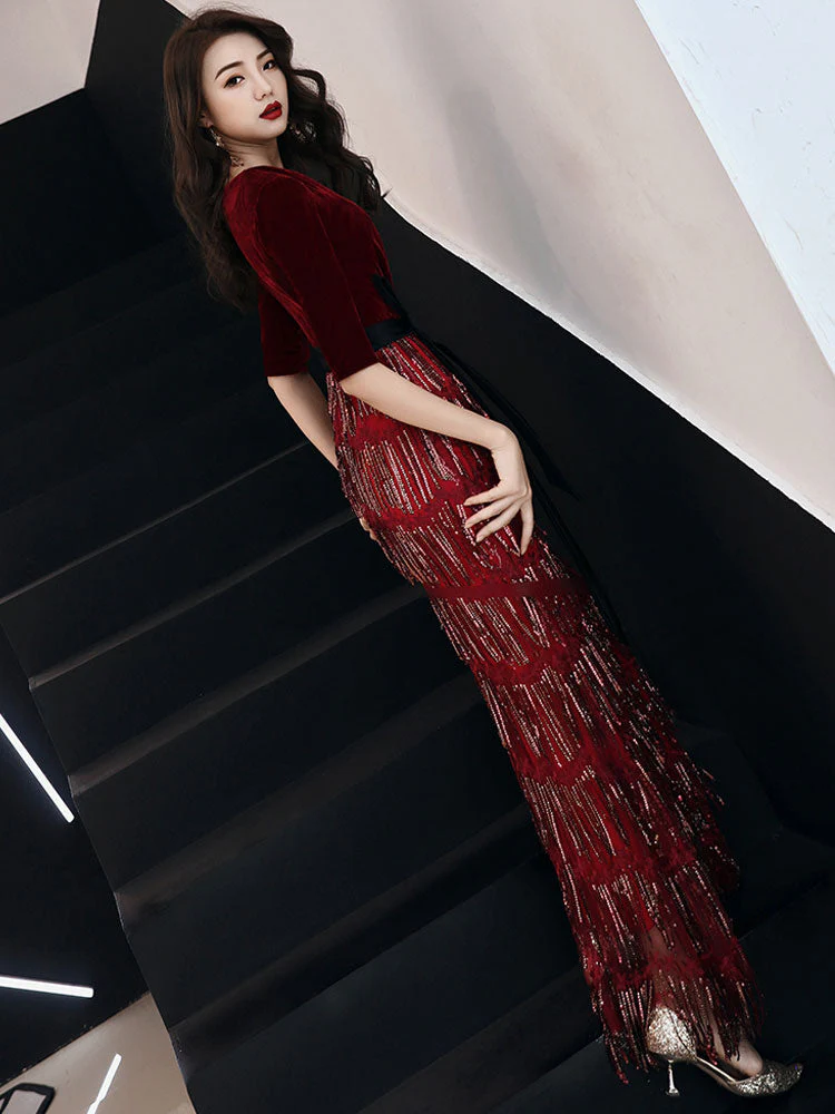 Amazing Evening Dress Sheath V Neck Velour Floor Length Sash Social Party Dresses - Image 3