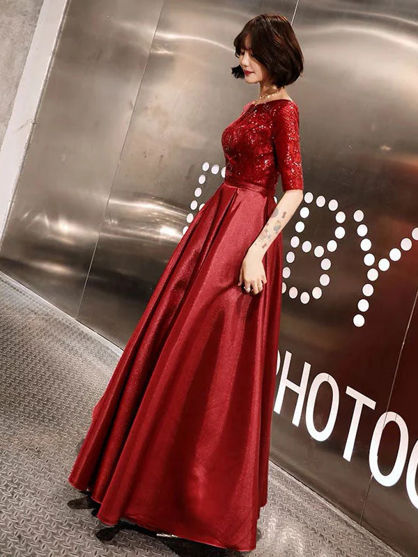 Stunning Evening Dresses Burgundy Half Sleeve Sequin Satin Floor Length Long Prom Gown - Image 2