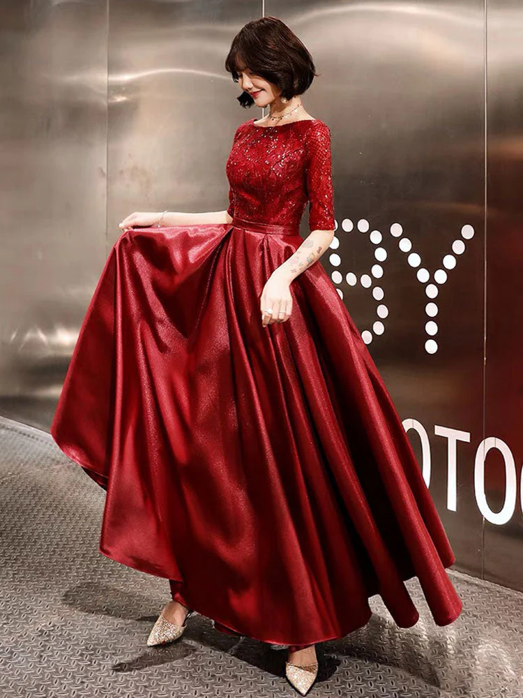 Stunning Evening Dresses Burgundy Half Sleeve Sequin Satin Floor Length Long Prom Gown - Image 3