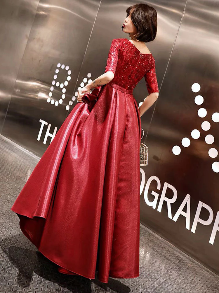 Stunning Evening Dresses Burgundy Half Sleeve Sequin Satin Floor Length Long Prom Gown - Image 4