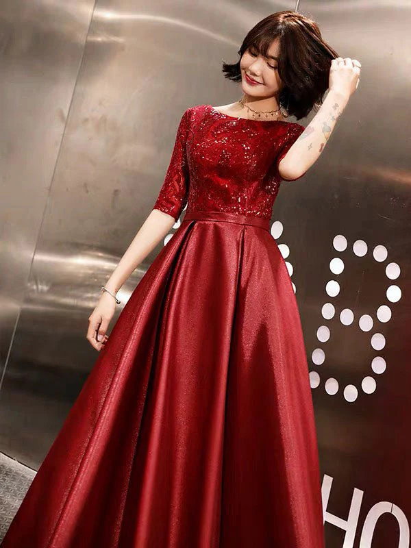 Stunning Evening Dresses Burgundy Half Sleeve Sequin Satin Floor Length Long Prom Gown - Image 5