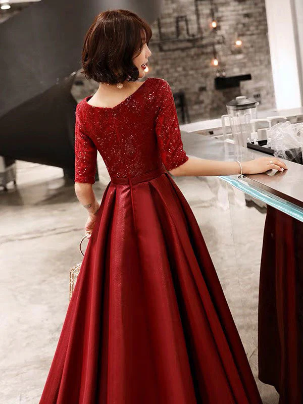 Stunning Evening Dresses Burgundy Half Sleeve Sequin Satin Floor Length Long Prom Gown - Image 6
