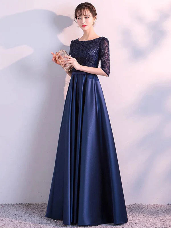 Charming Evening Dresses Dark Navy Long evening dress Lace Satin Bow Sash Half Sleeve Formal Gowns - Image 2
