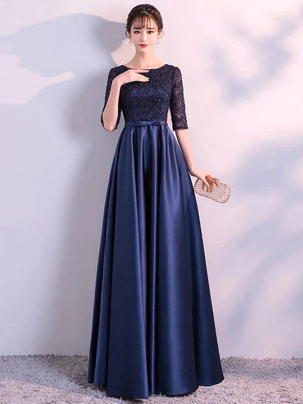 Charming Evening Dresses Dark Navy Long evening dress Lace Satin Bow Sash Half Sleeve Formal Gowns - Image 3