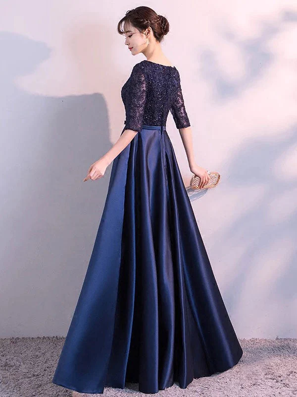 Charming Evening Dresses Dark Navy Long evening dress Lace Satin Bow Sash Half Sleeve Formal Gowns - Image 4