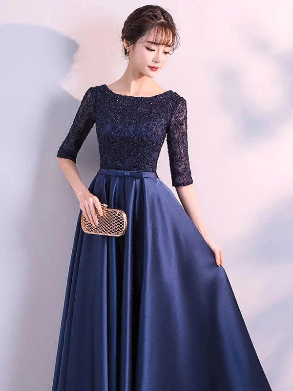 Charming Evening Dresses Dark Navy Long evening dress Lace Satin Bow Sash Half Sleeve Formal Gowns - Image 5