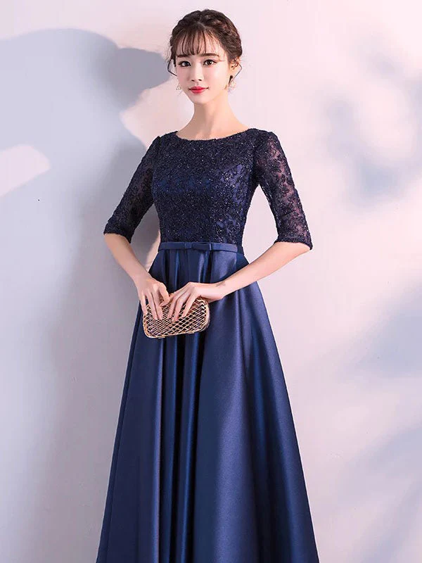 Charming Evening Dresses Dark Navy Long evening dress Lace Satin Bow Sash Half Sleeve Formal Gowns - Image 6