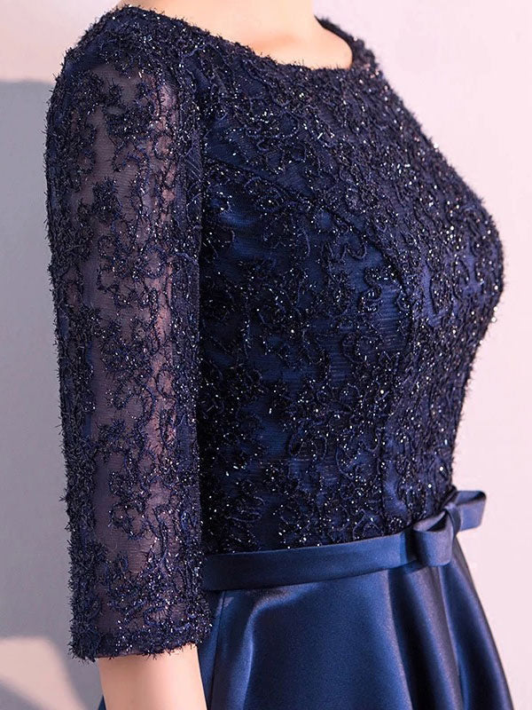 Charming Evening Dresses Dark Navy Long evening dress Lace Satin Bow Sash Half Sleeve Formal Gowns - Image 7
