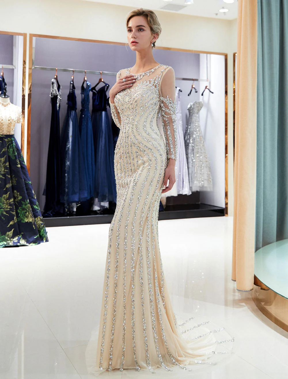 Charming Evening Dresses Long Sleeve Light Grey Mermaid Beading Illusion Luxury Formal Gowns - Image 10