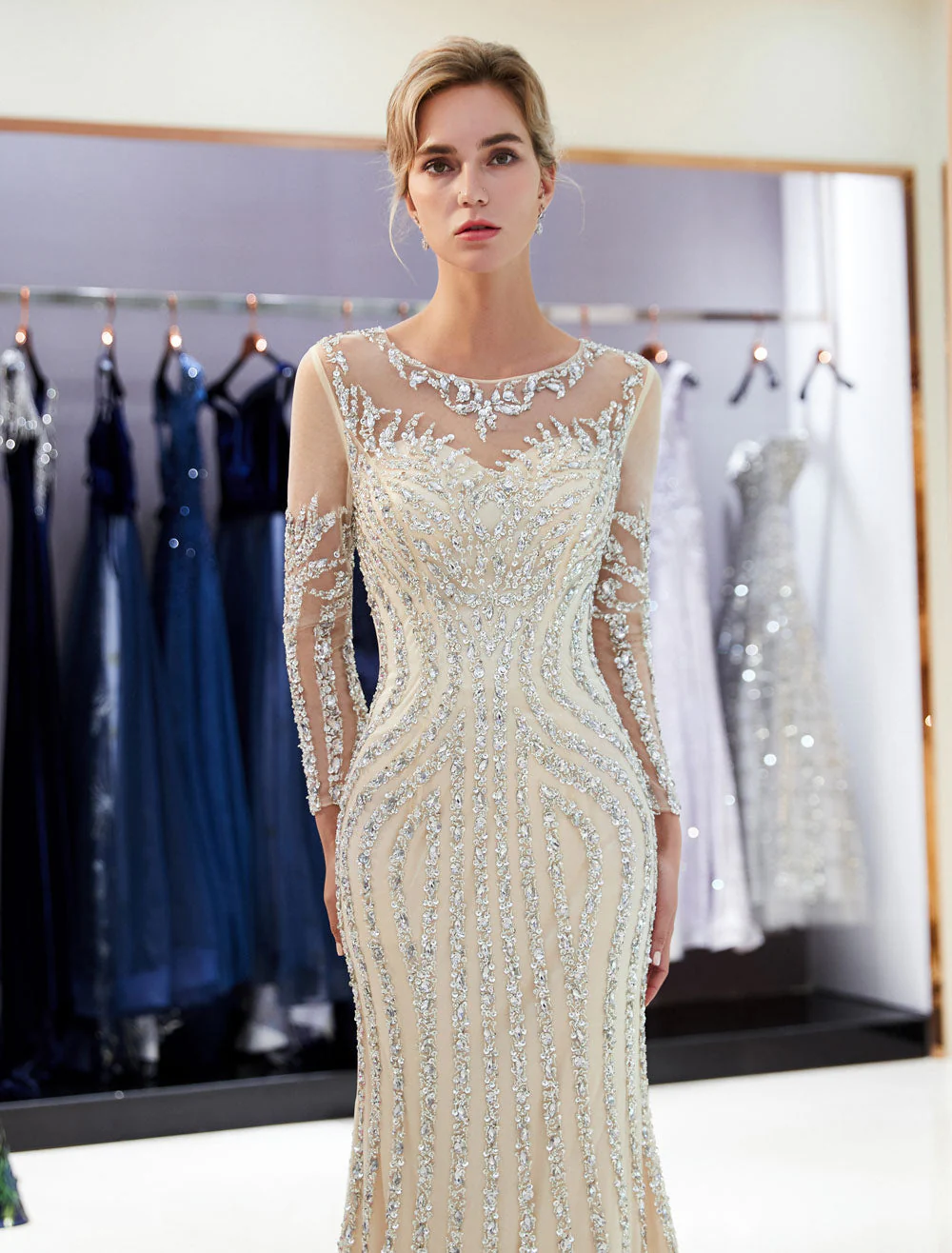Charming Evening Dresses Long Sleeve Light Grey Mermaid Beading Illusion Luxury Formal Gowns - Image 11
