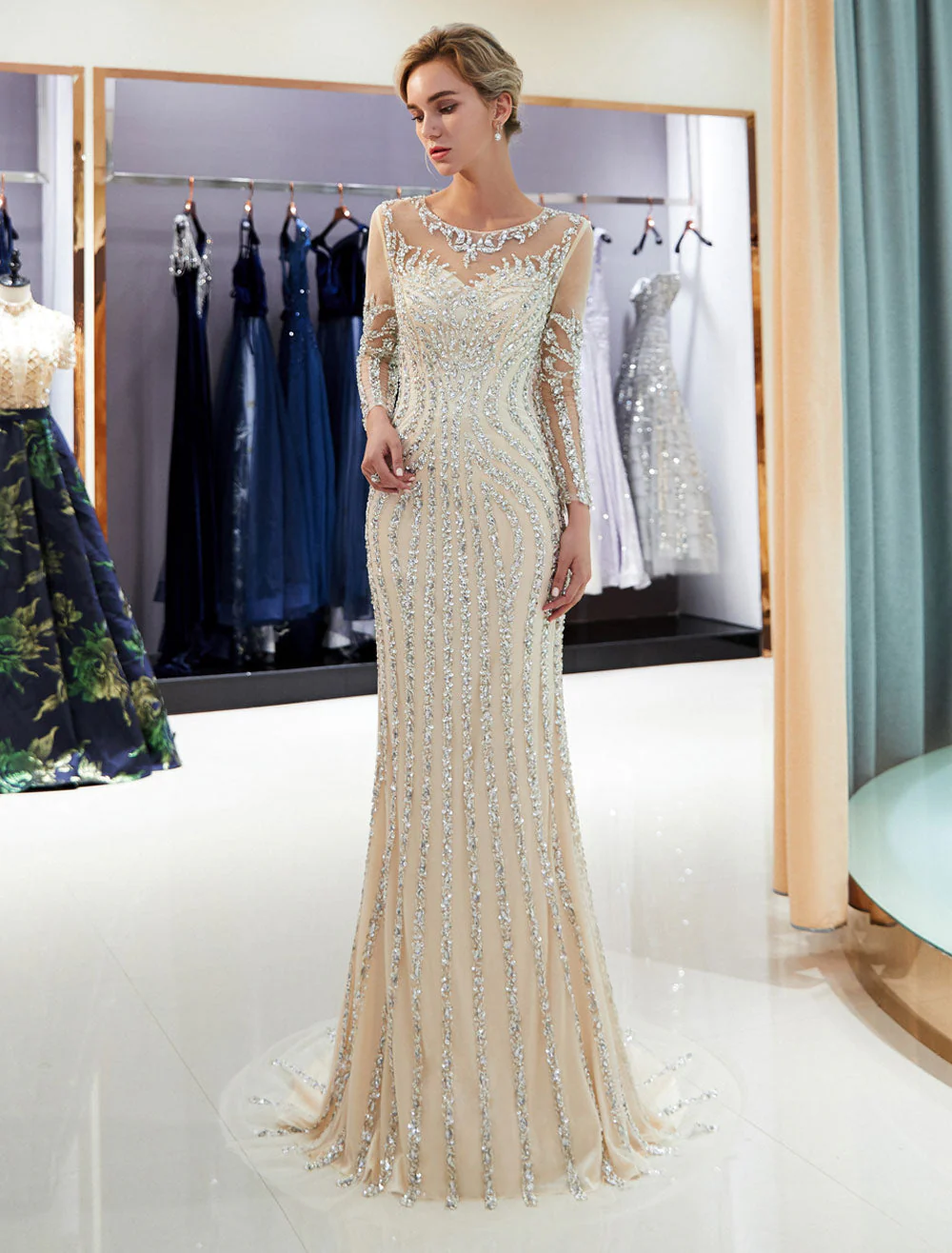 Charming Evening Dresses Long Sleeve Light Grey Mermaid Beading Illusion Luxury Formal Gowns - Image 12