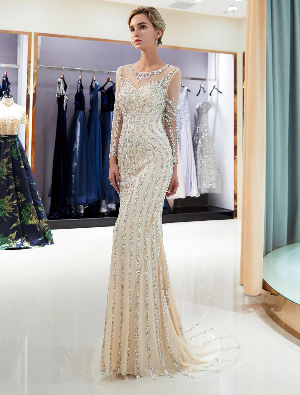 Charming Evening Dresses Long Sleeve Light Grey Mermaid Beading Illusion Luxury Formal Gowns - Image 13