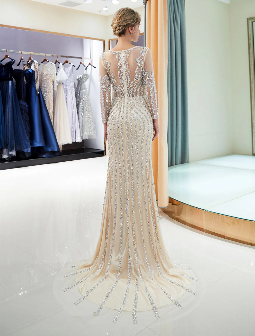 Charming Evening Dresses Long Sleeve Light Grey Mermaid Beading Illusion Luxury Formal Gowns - Image 14