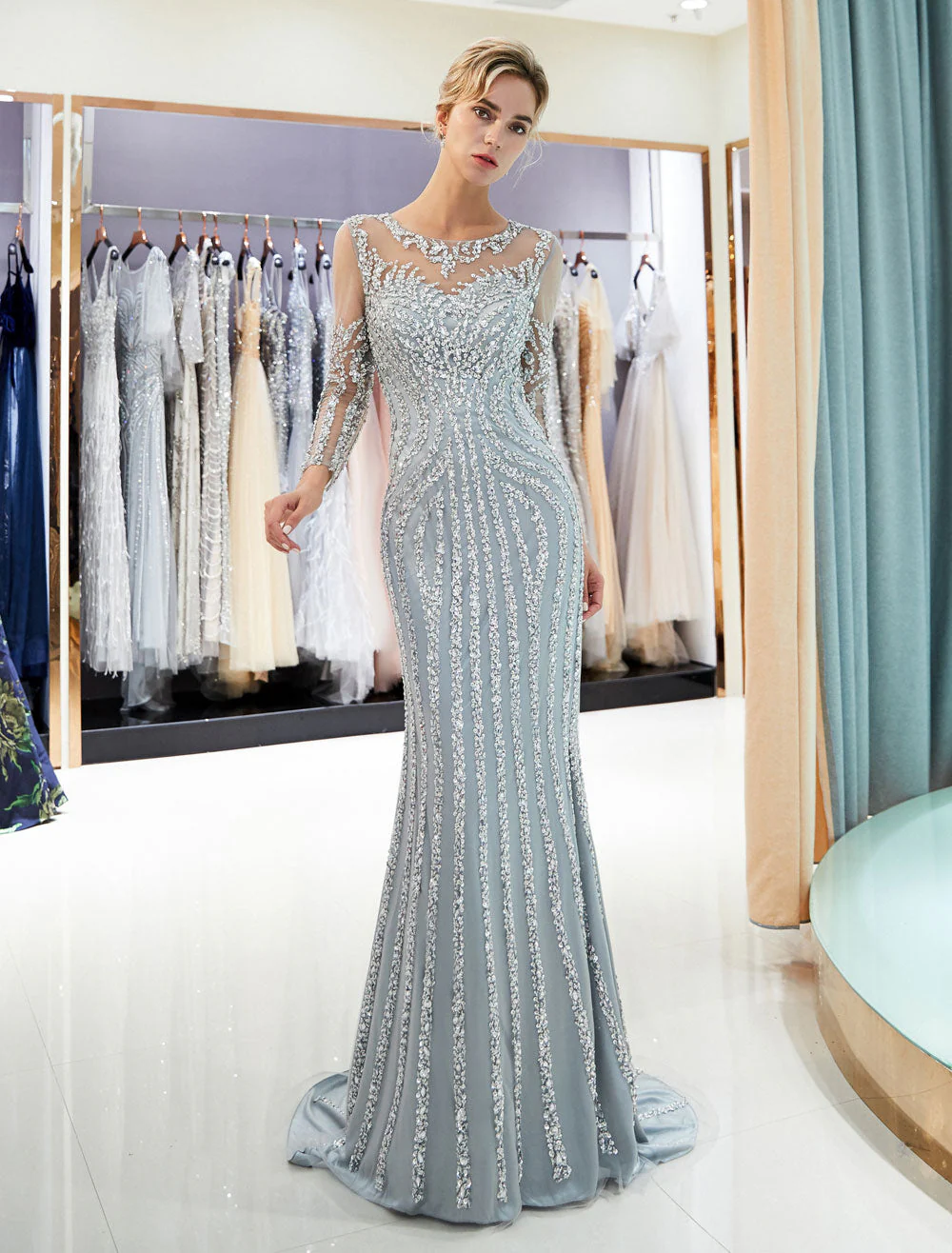 Charming Evening Dresses Long Sleeve Light Grey Mermaid Beading Illusion Luxury Formal Gowns - Image 3