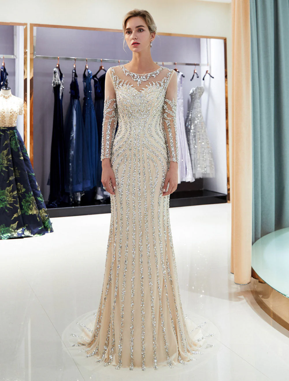Charming Evening Dresses Long Sleeve Light Grey Mermaid Beading Illusion Luxury Formal Gowns - Image 9
