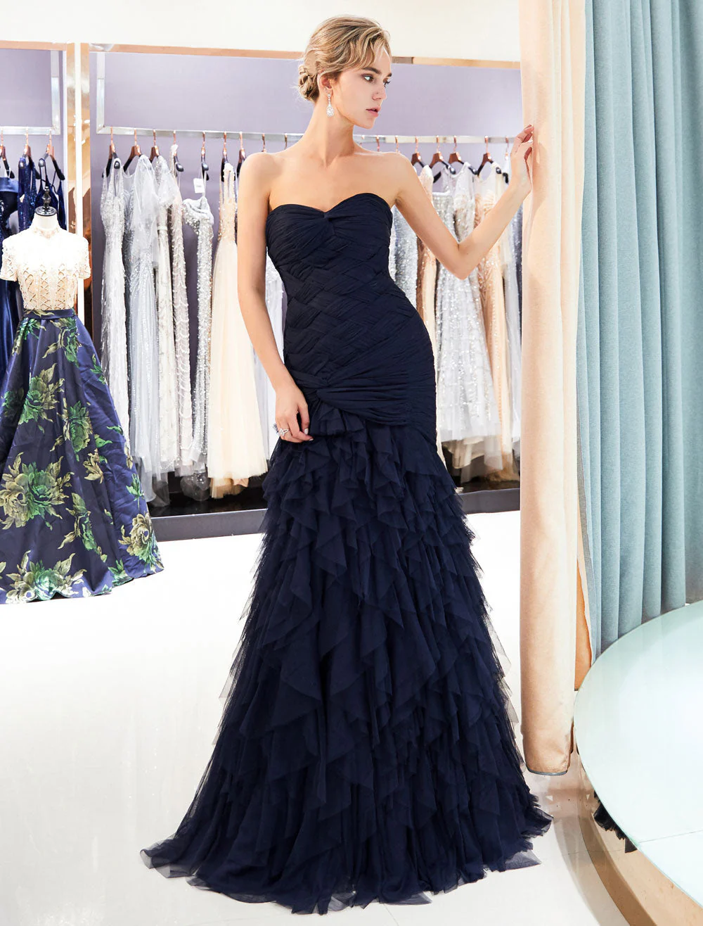 Glamorous Evening Dresses Luxury Dark Navy Strapless Sweetheart Tiered Maxi Mermaid evening dress - Image 3