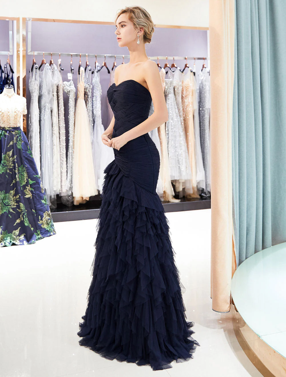 Glamorous Evening Dresses Luxury Dark Navy Strapless Sweetheart Tiered Maxi Mermaid evening dress - Image 4