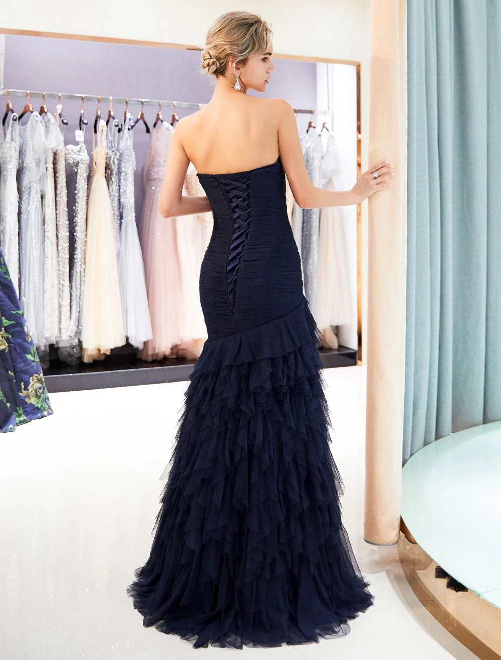 Glamorous Evening Dresses Luxury Dark Navy Strapless Sweetheart Tiered Maxi Mermaid evening dress - Image 5