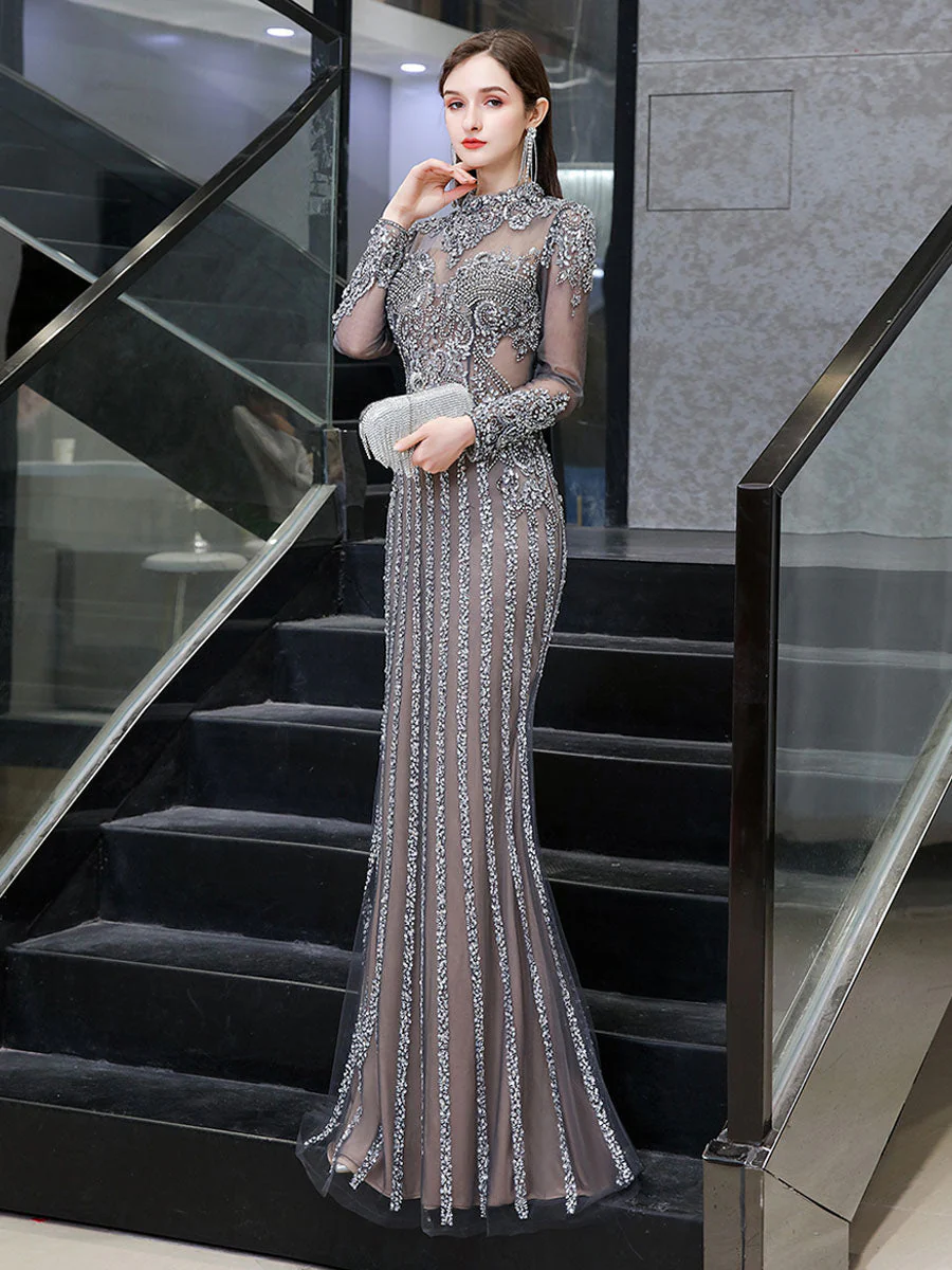 Classic Evening Dresses Mermaid Jewel Long Sleeve Floor Length Formal Dinner Dress - Image 3