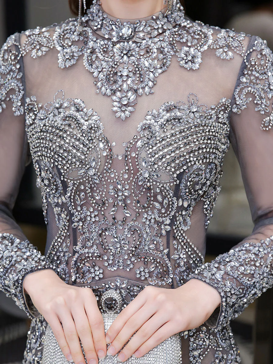 Classic Evening Dresses Mermaid Jewel Long Sleeve Floor Length Formal Dinner Dress - Image 6