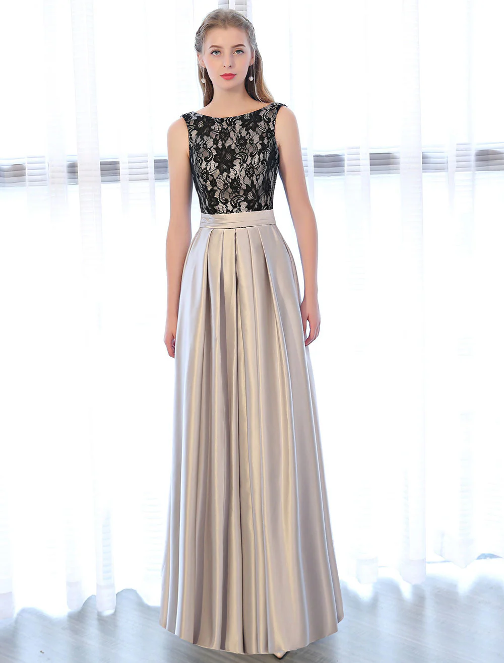 Amazing Evening Dresses Satin Lace evening dress Sleeveless Backless Pleated Pockets Floor Length Formal Dress - Image 2