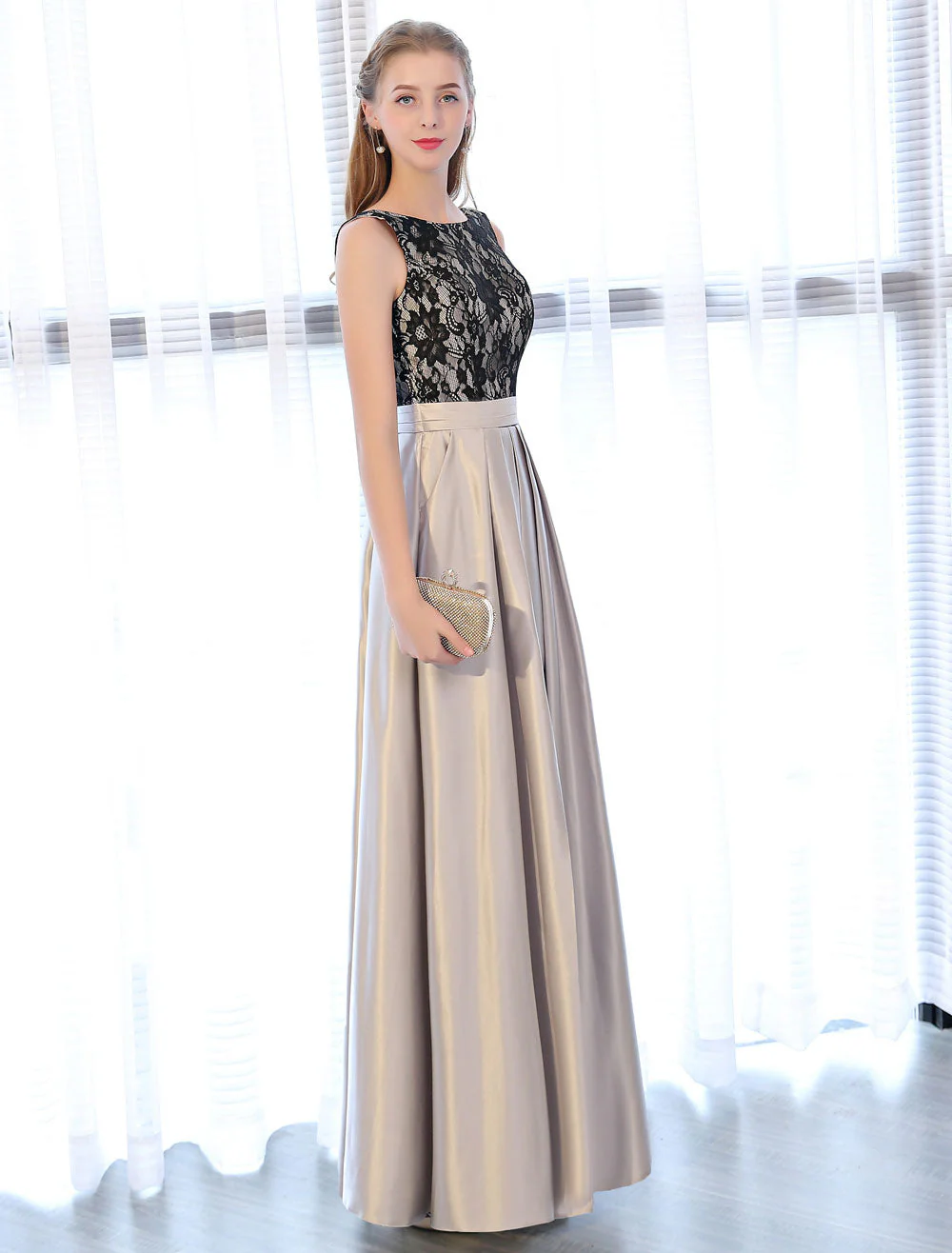 Amazing Evening Dresses Satin Lace evening dress Sleeveless Backless Pleated Pockets Floor Length Formal Dress - Image 3