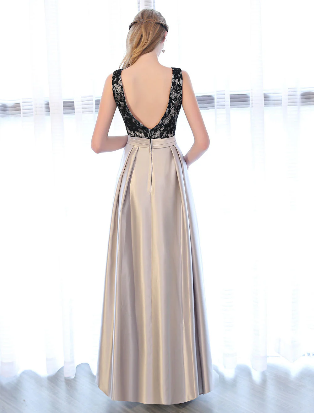 Amazing Evening Dresses Satin Lace evening dress Sleeveless Backless Pleated Pockets Floor Length Formal Dress - Image 4