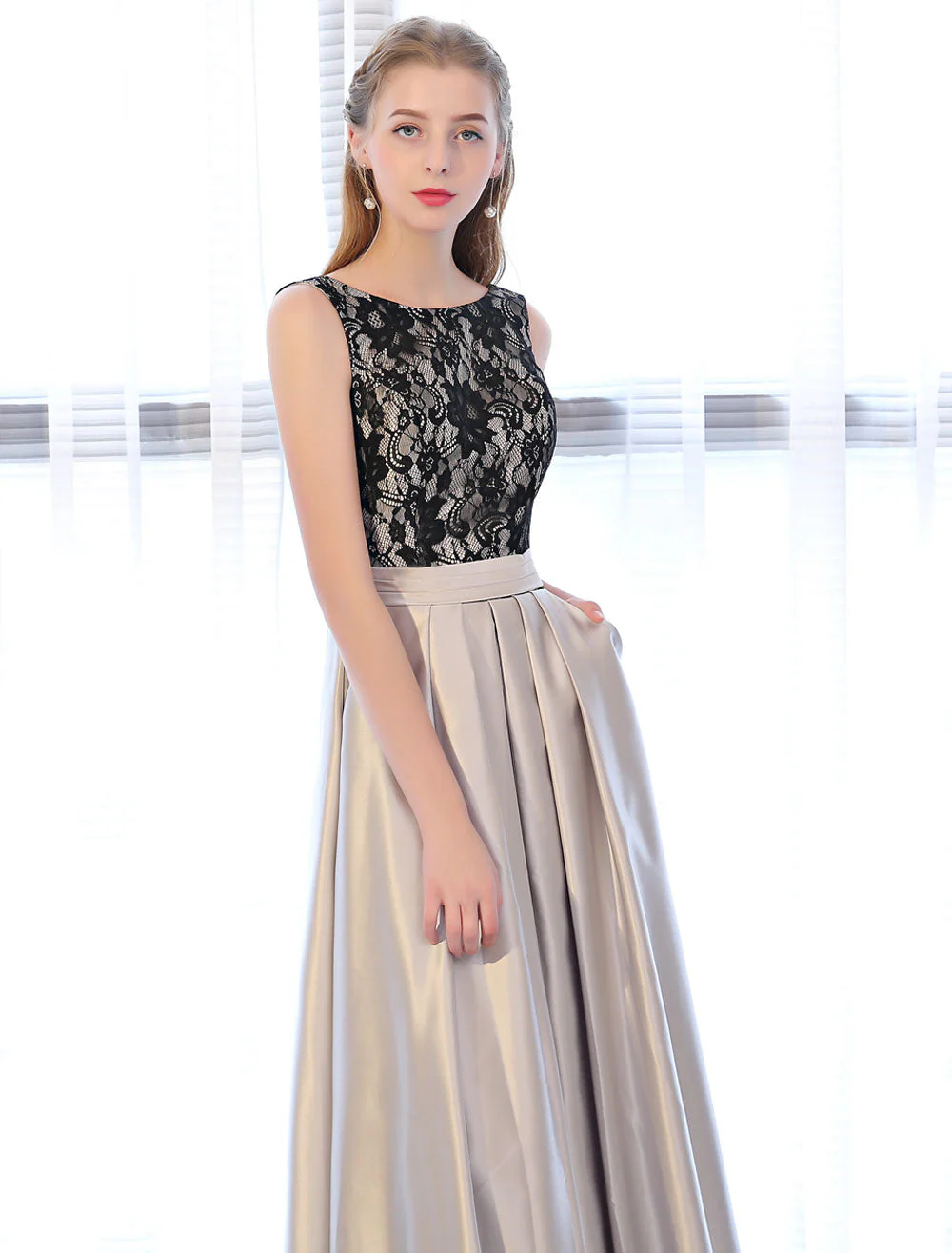 Amazing Evening Dresses Satin Lace evening dress Sleeveless Backless Pleated Pockets Floor Length Formal Dress - Image 5
