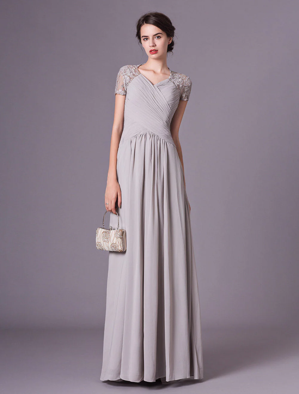 Glamorous Evening Dresses Silver Lace Short Sleeve Formal Gowns Chiffon Pleated Floor Length Mother Of Bride Dress - Image 2