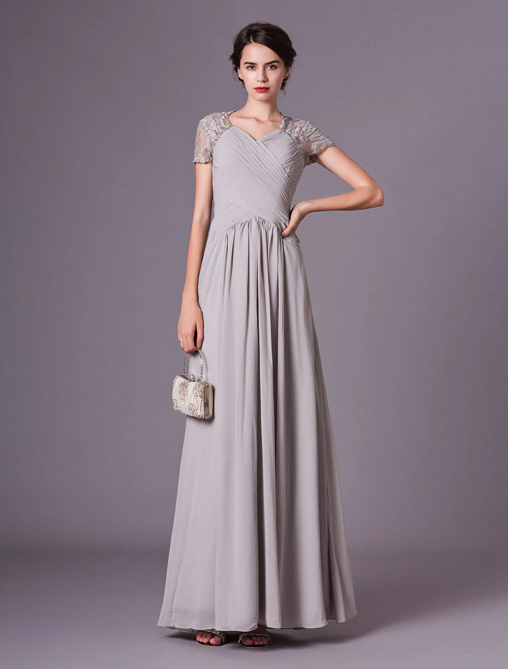 Glamorous Evening Dresses Silver Lace Short Sleeve Formal Gowns Chiffon Pleated Floor Length Mother Of Bride Dress - Image 3