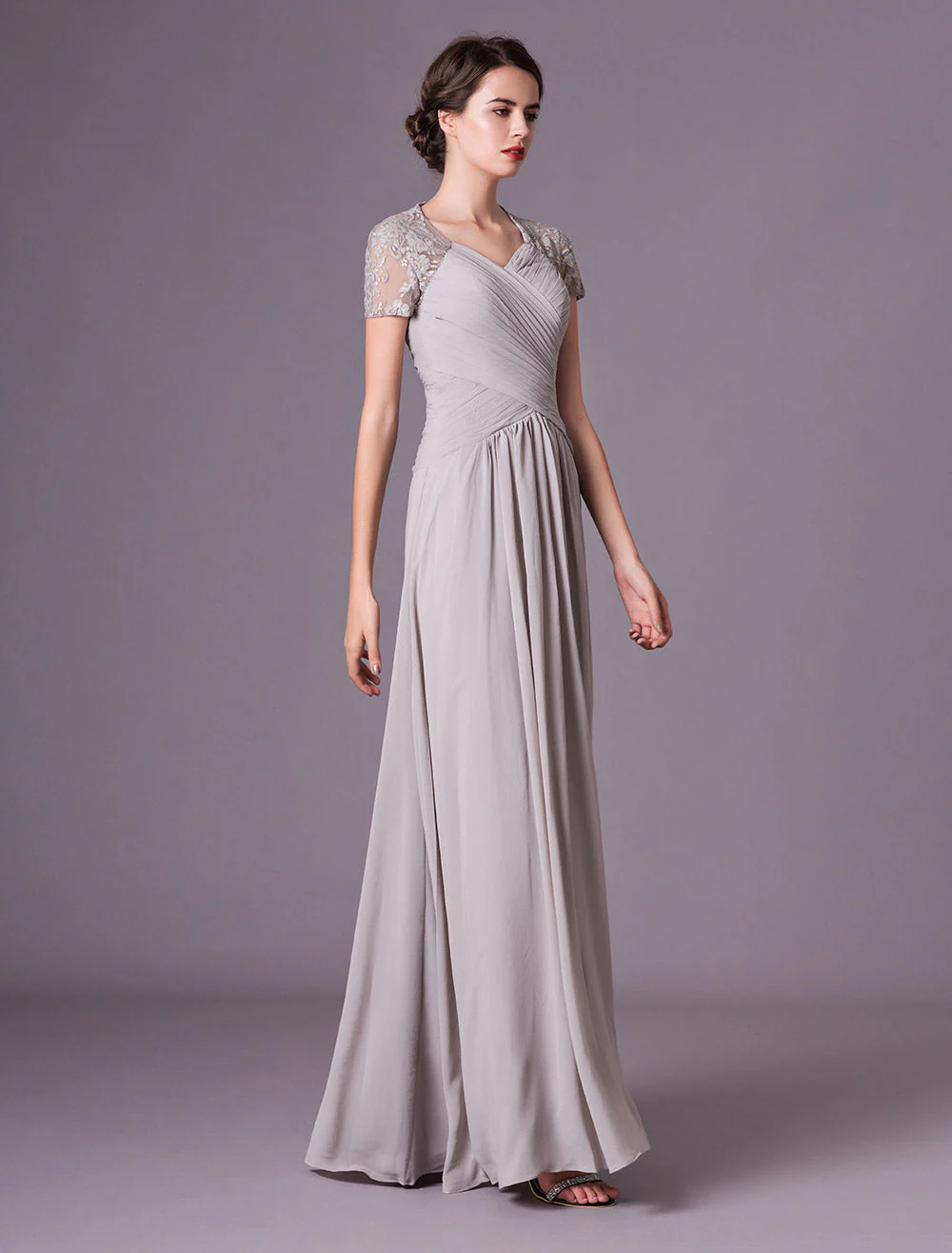 Glamorous Evening Dresses Silver Lace Short Sleeve Formal Gowns Chiffon Pleated Floor Length Mother Of Bride Dress - Image 4