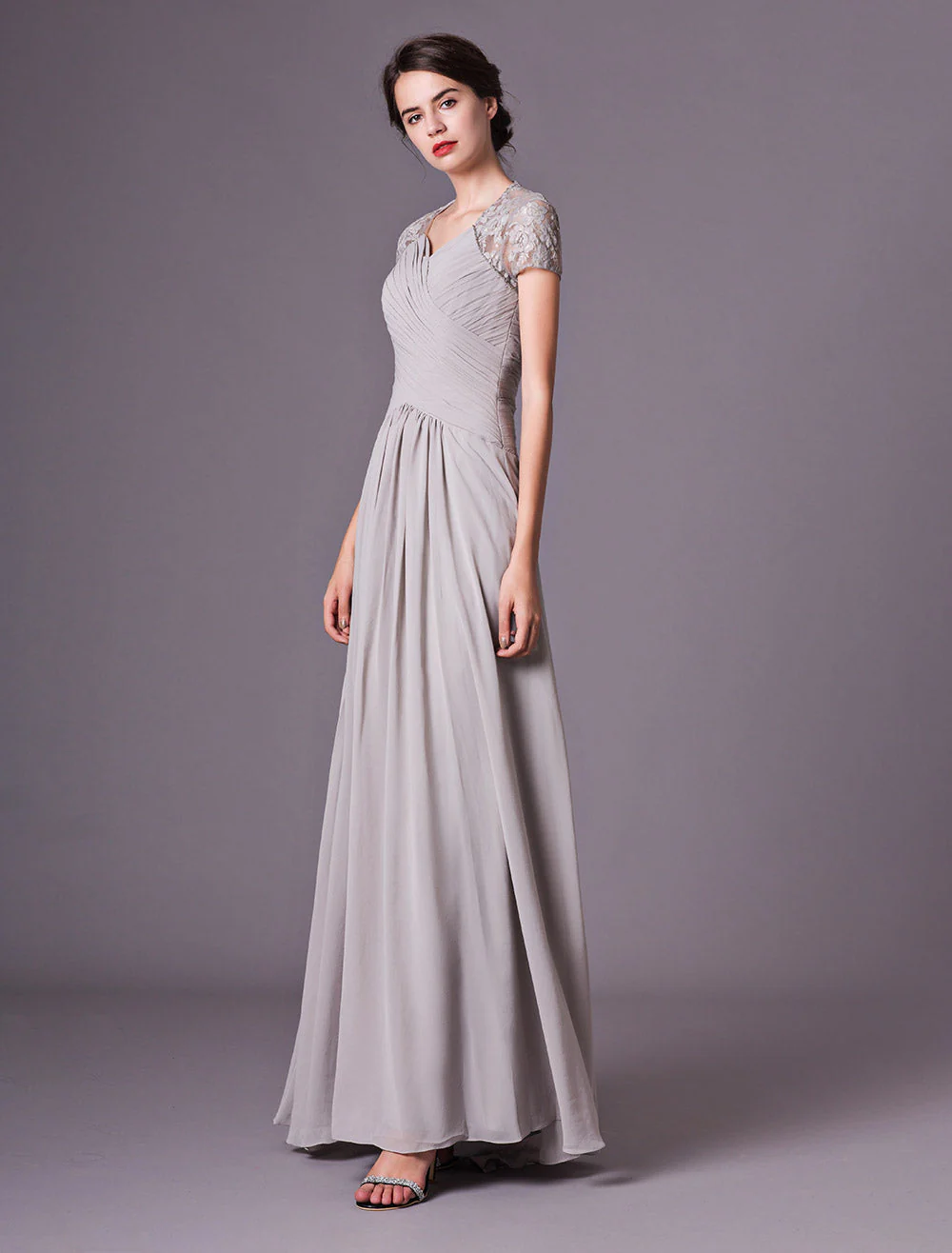 Glamorous Evening Dresses Silver Lace Short Sleeve Formal Gowns Chiffon Pleated Floor Length Mother Of Bride Dress - Image 5