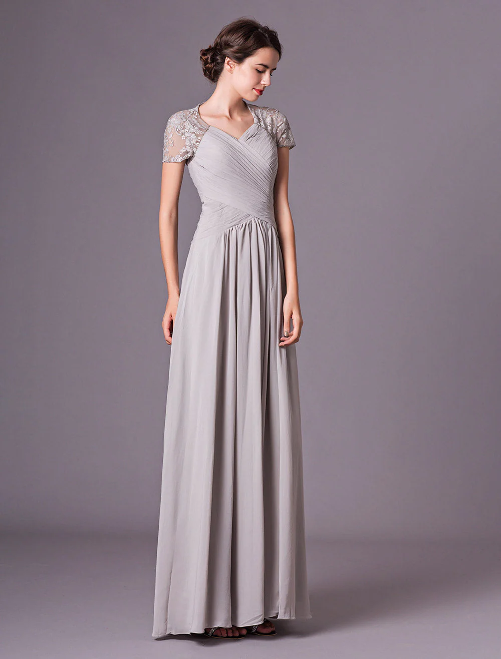 Glamorous Evening Dresses Silver Lace Short Sleeve Formal Gowns Chiffon Pleated Floor Length Mother Of Bride Dress - Image 6