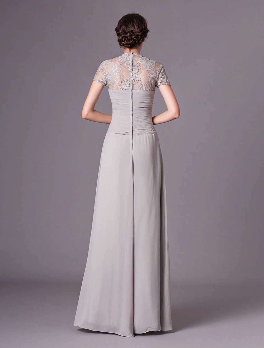 Glamorous Evening Dresses Silver Lace Short Sleeve Formal Gowns Chiffon Pleated Floor Length Mother Of Bride Dress - Image 7