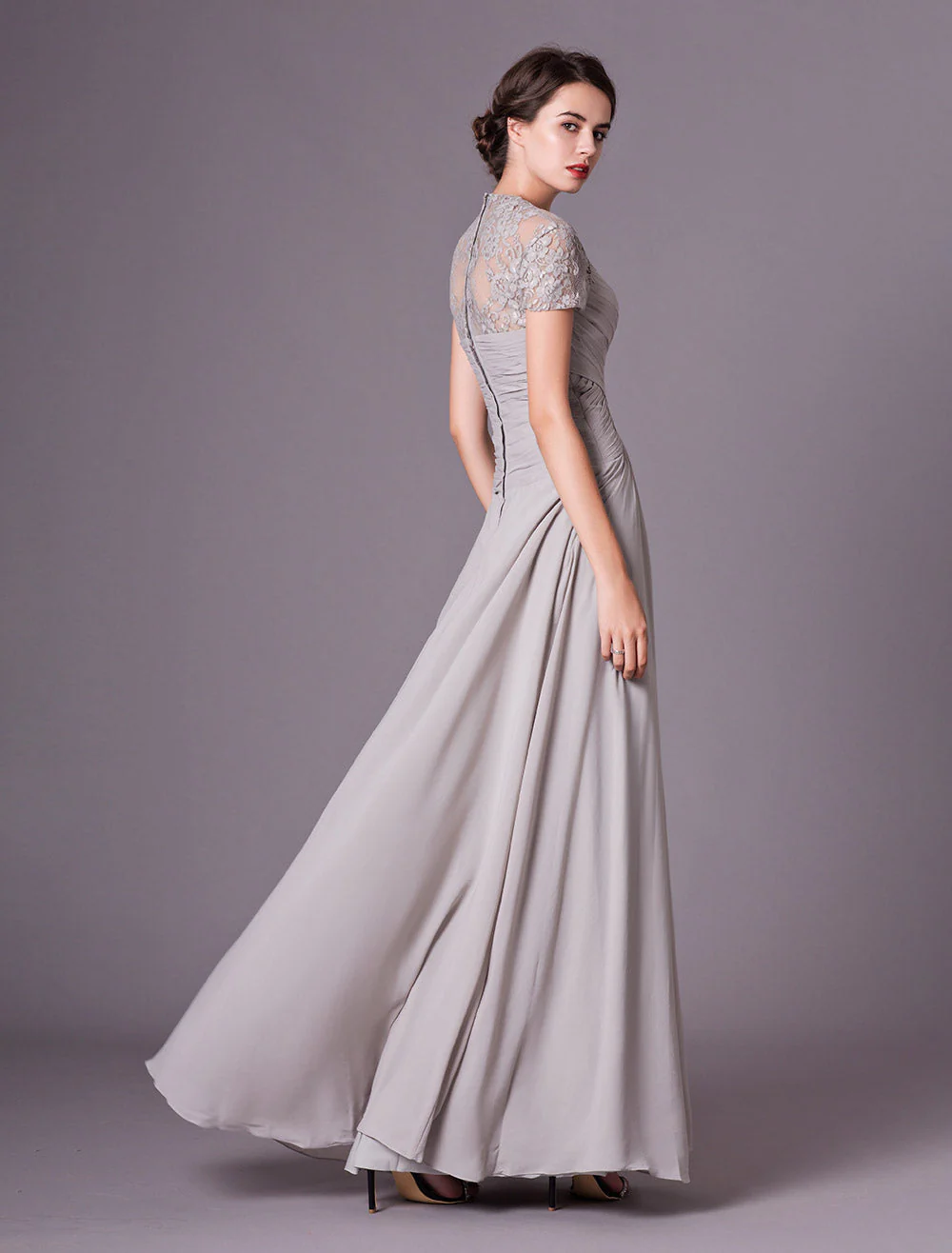 Glamorous Evening Dresses Silver Lace Short Sleeve Formal Gowns Chiffon Pleated Floor Length Mother Of Bride Dress - Image 8